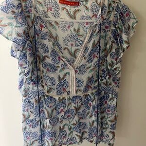 Oliphant Blue and White Floral Ruffle Blouse